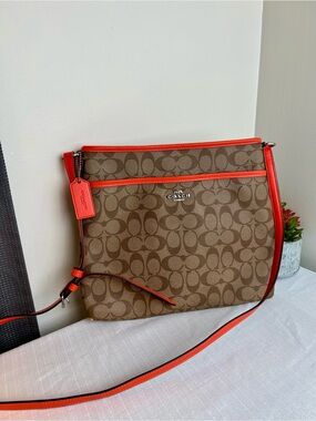 Coach Signature Coated Canvas Crossbody Bag in Brown with Orange/Red Trim